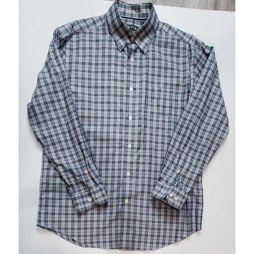 Orvis Mens Button Up Shirt Large Blue White Plaid Long Sleeve